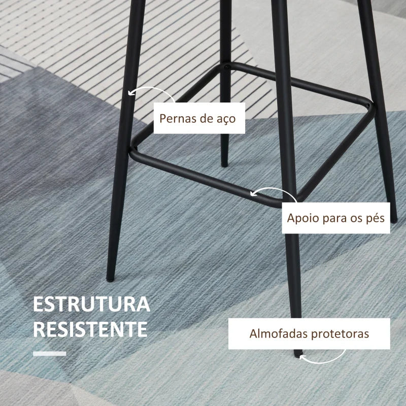Conjunto de 2 Bancos Altos de Cozinha Bancos de Bar Estofados em PU com Encosto Alto Pés de Aço e Apoio para os Pés para Sala de Jantar Carga 120kg 50x47,5x102,5cm Marrom