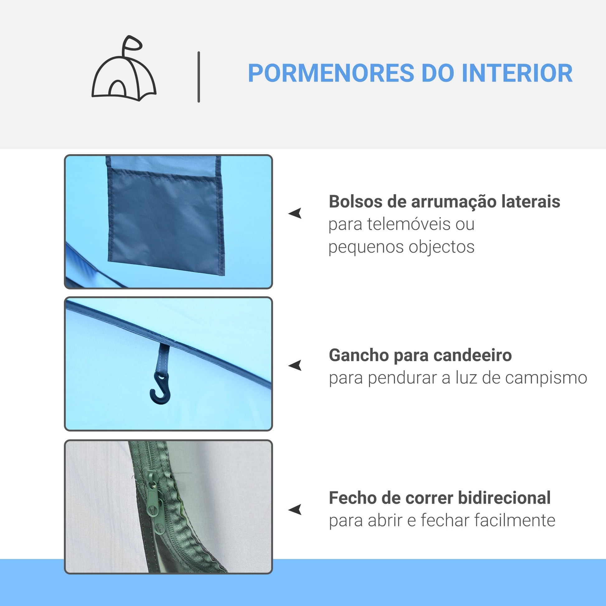 Tenda de Campismo Pop-up para 2-3 Pessoas Tenda de Campismo Instantânea com Janelas Bolsos e Bolsa de Transporte Impermeável Anti-UV 263,5x220x123 cm Azul