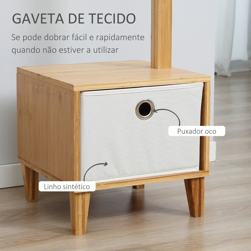 Cabide de Pé de Bambu com Banco Gaveta de Tecido e 8 Ganchos para Pendurar Roupa Bolsas Casacos para Entrada Sala de Estar Corredor 35x35x177cm Natural