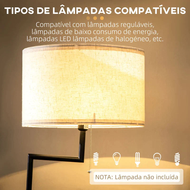Candeeiro de Pé com Mesa Auxiliar Candeeiro com Prateleira Lâmpada E27 Máx. 40W com Ecrã de Linho Interruptor de Corrente e Carregador USB para Sala de Estar Ø40x168cm Preto e Madeira