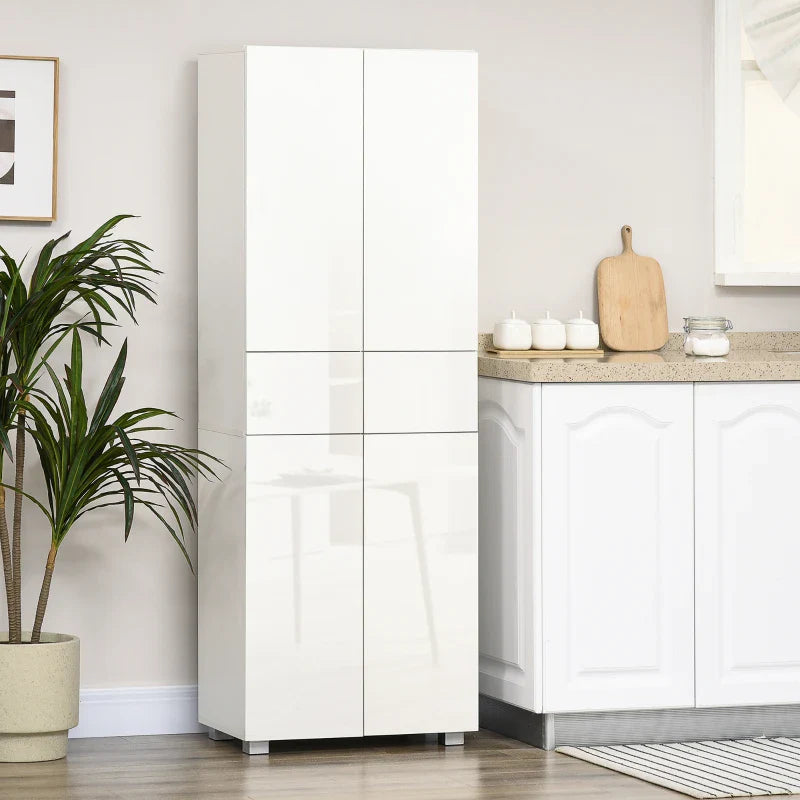 Armário de Cozinha Móvel Auxiliar de Cozinha com 4 Portas 2 Gavetas e Prateleiras Ajustáveis para Sala de Jantar Sala de Estar Estilo Moderno Anti-Tombo 60x35x170cm Branco
