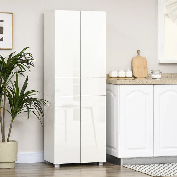Armário de Cozinha Móvel Auxiliar de Cozinha com 4 Portas 2 Gavetas e Prateleiras Ajustáveis para Sala de Jantar Sala de Estar Estilo Moderno Anti-Tombo 60x35x170cm Branco