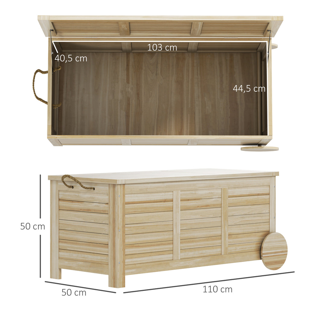 Baú de Arrumação Exterior 185L Baú de Jardim de Madeira Impermeável com Tampa Amovível 2 Rodas Cordas de Linho Dobradiças Metálicas e Forro Interno 110x50x50 cm Madeira