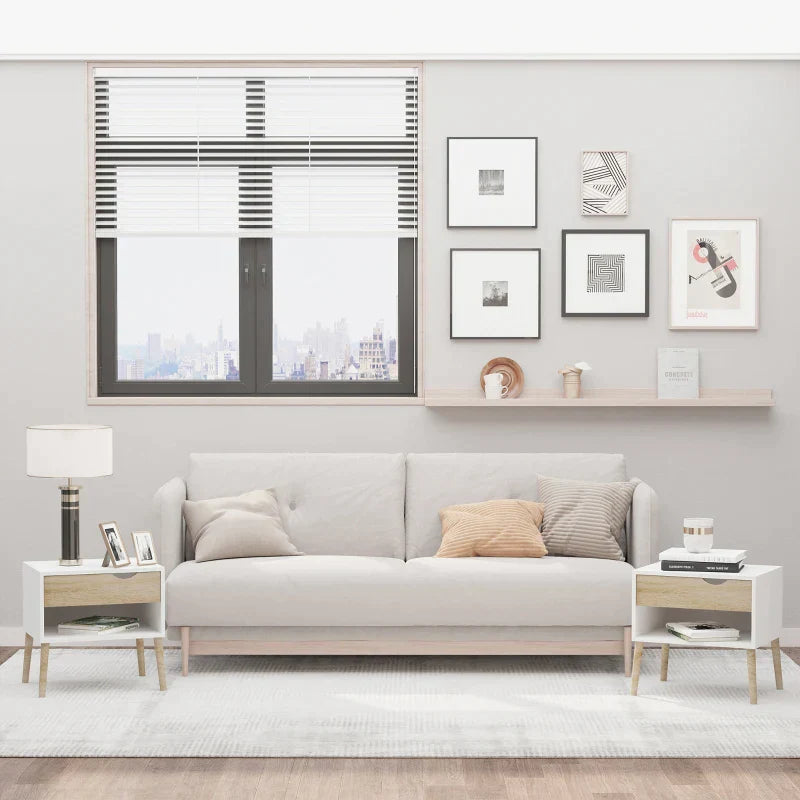 Conjunto de 2 Mesas de Cabeceira Mesa Auxiliar com 1 Gaveta e Prateleira de Armazenamento para Dormitório Sala de Estar Escritório Estilo Moderno 50x39x51cm Branco e Carvalho