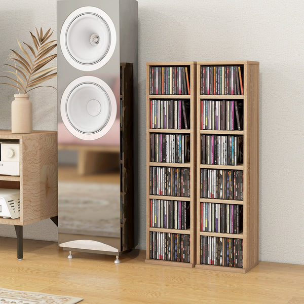 Estante para CD ou DVD Suporte para CD com 12 Compartimentos para 204 CDs e Prateleira Ajustável para Sala de Estar Dormitório Escritório 2 Unidades 21x22,5x88,5 cm Madeira