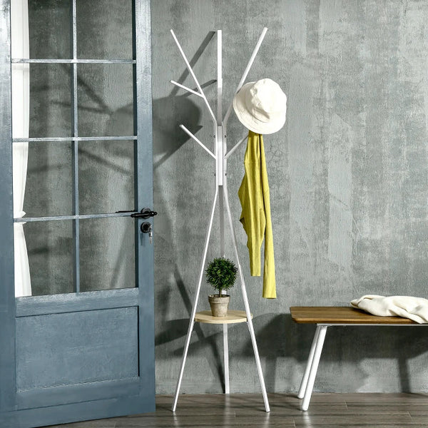 Cabide de Pé Metálico para Pendurar Roupa Bolsas com 9 Ganchos e Prateleira Cabide de Pé Moderno 45x45x180 cm Branco