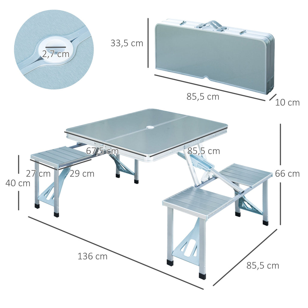 Mesa de Campismo Dobrável com 4 Assentos Orifício para Chapéu de Sol e Estrutura de Alumínio para Praia Piquenique 136x85,5x66cm Prata