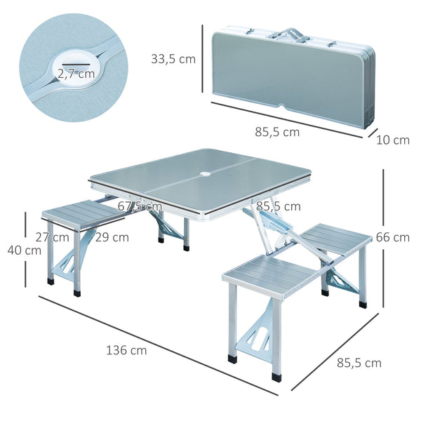 Mesa de Campismo Dobrável com 4 Assentos Orifício para Chapéu de Sol e Estrutura de Alumínio para Praia Piquenique 136x85,5x66cm Prata