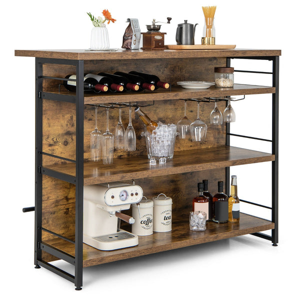 Mesa Alta de Bar "Aurum" - Armário de Licor com 4 Níveis, Suporte para Vinho e Copos - 120x60x101 cm - Castanho Rústico