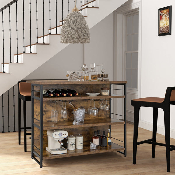 Mesa Alta de Bar "Aurum" - Armário de Licor com 4 Níveis, Suporte para Vinho e Copos - 120x60x101 cm - Castanho Rústico