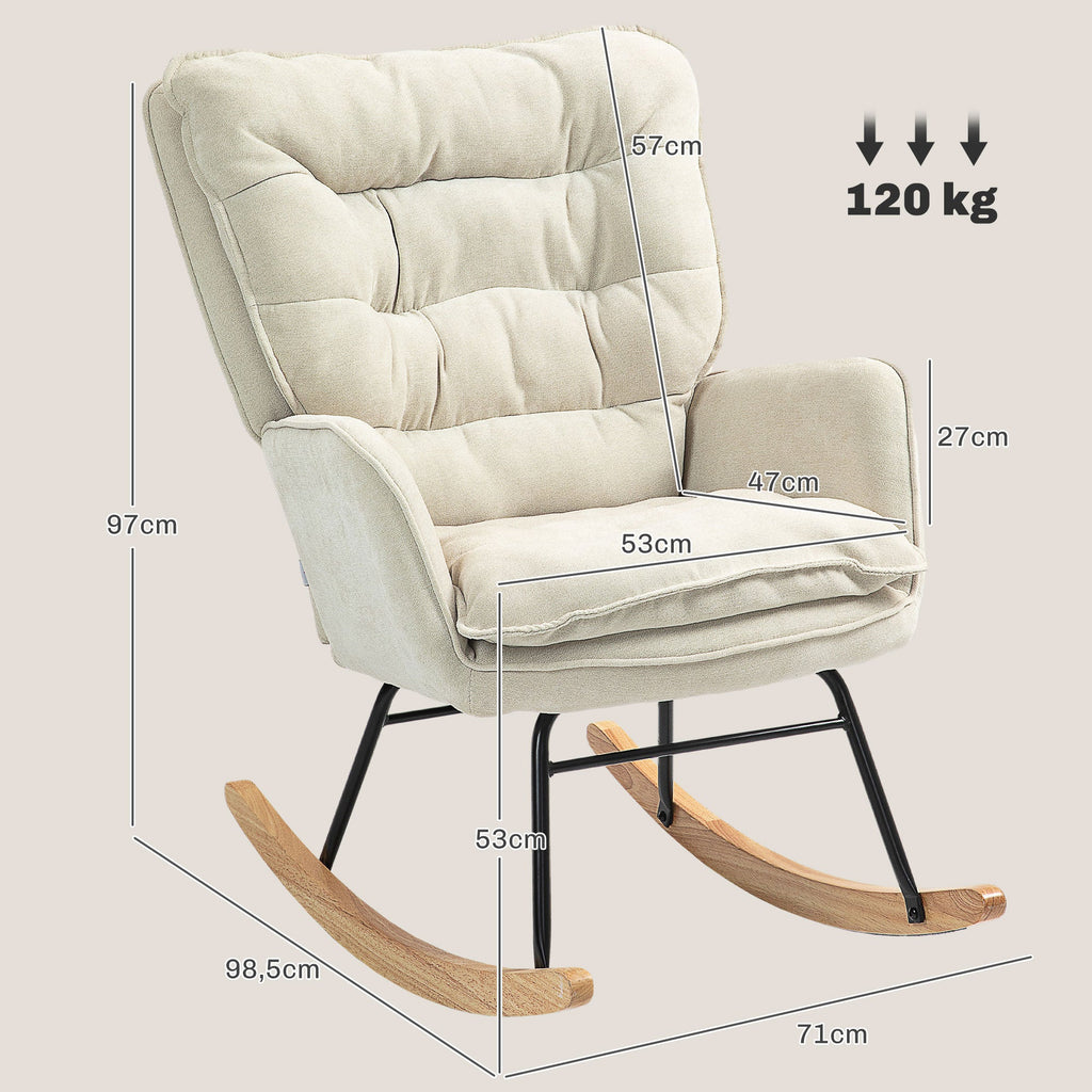 Poltrona Baloiço Estofada em Chenilla Cadeira Baloiço com Pés de Madeira de Faia e Apoio para os Braços para Lactância Carga 120 kg para Dormitório Sala de Estar 71x98,5x97 cm Bege