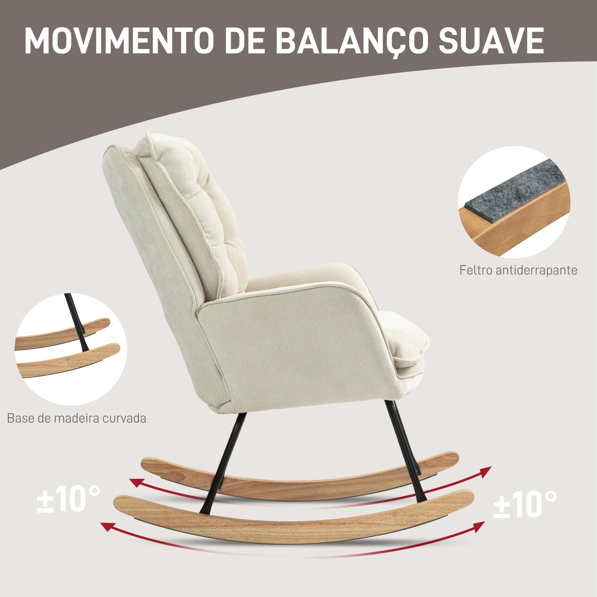 Poltrona Baloiço Estofada em Chenilla Cadeira Baloiço com Pés de Madeira de Faia e Apoio para os Braços para Lactância Carga 120 kg para Dormitório Sala de Estar 71x98,5x97 cm Bege