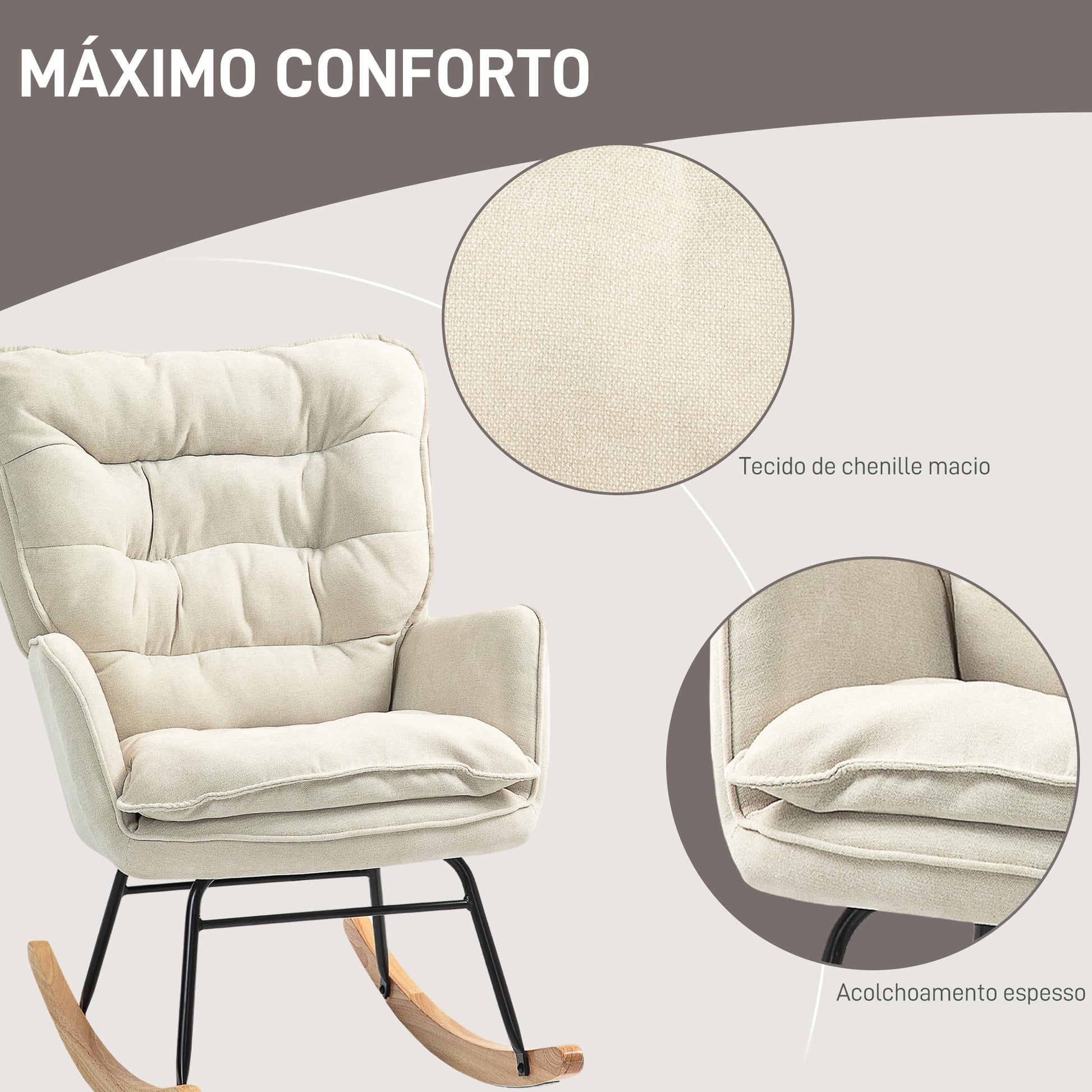 Poltrona Baloiço Estofada em Chenilla Cadeira Baloiço com Pés de Madeira de Faia e Apoio para os Braços para Lactância Carga 120 kg para Dormitório Sala de Estar 71x98,5x97 cm Bege