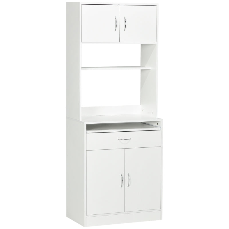 Armário de Cozinha Móvel Auxiliar de Cozinha com 4 Portas Bandeja Amovível Prateleira Ajustável Gaveta e Bancada para Micro-Ondas 70x40x180 cm Branco
