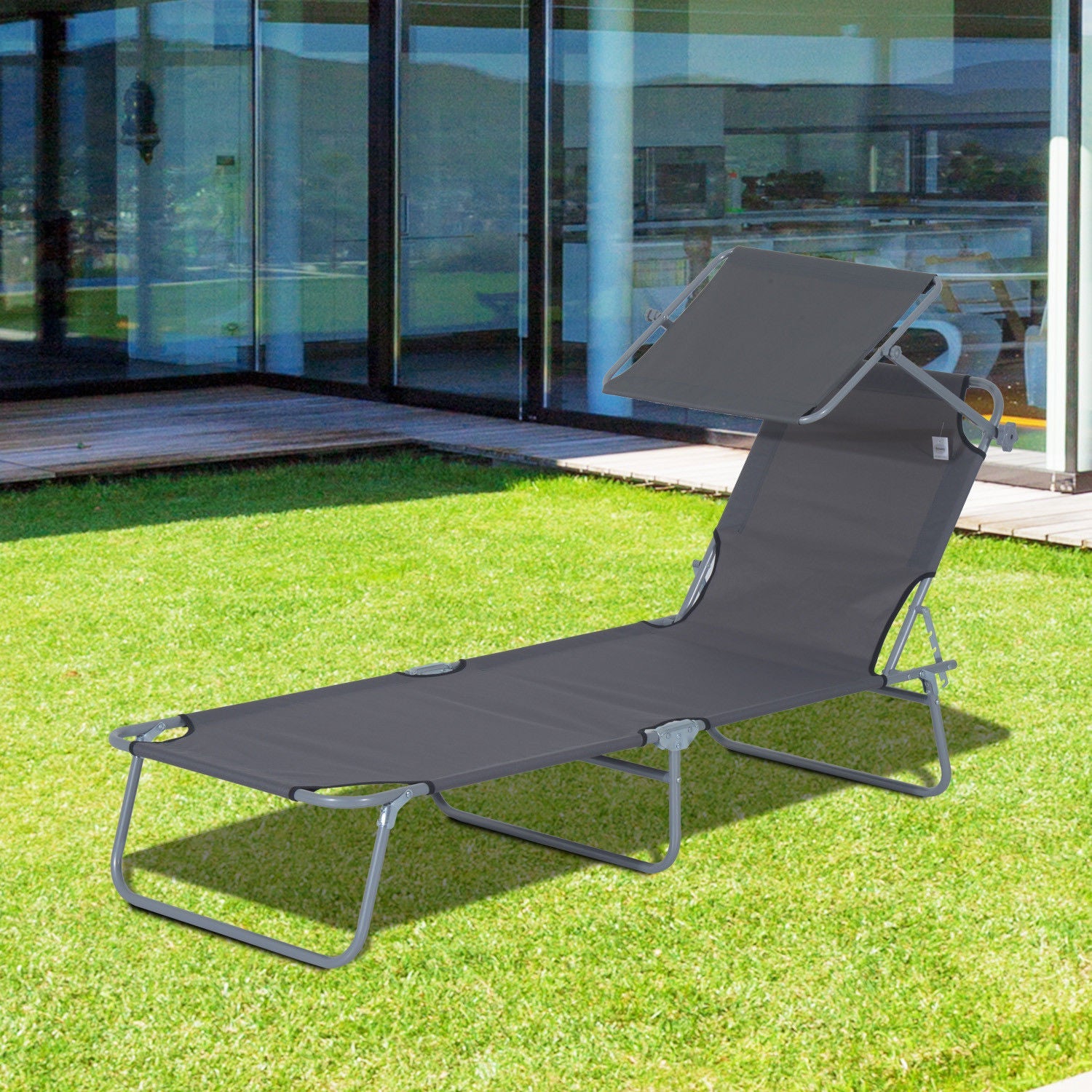 Espreguiçadeira de Jardim Dobrável com Toldo Removível e Ajustável em Ângulo e Encosto Ajustável em 4 Posições para Jardim Terraço Campismo Exterior 187x58x36cm Cinza