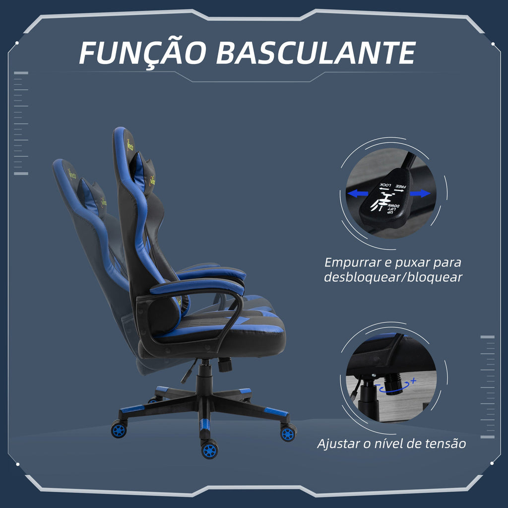 Cadeira Gaming Cadeira de Escritório Ergonómica com Altura Regulável Basculante com Apoio de Cabeça e Almofada Lombar 61x70x121-129 cm Azul