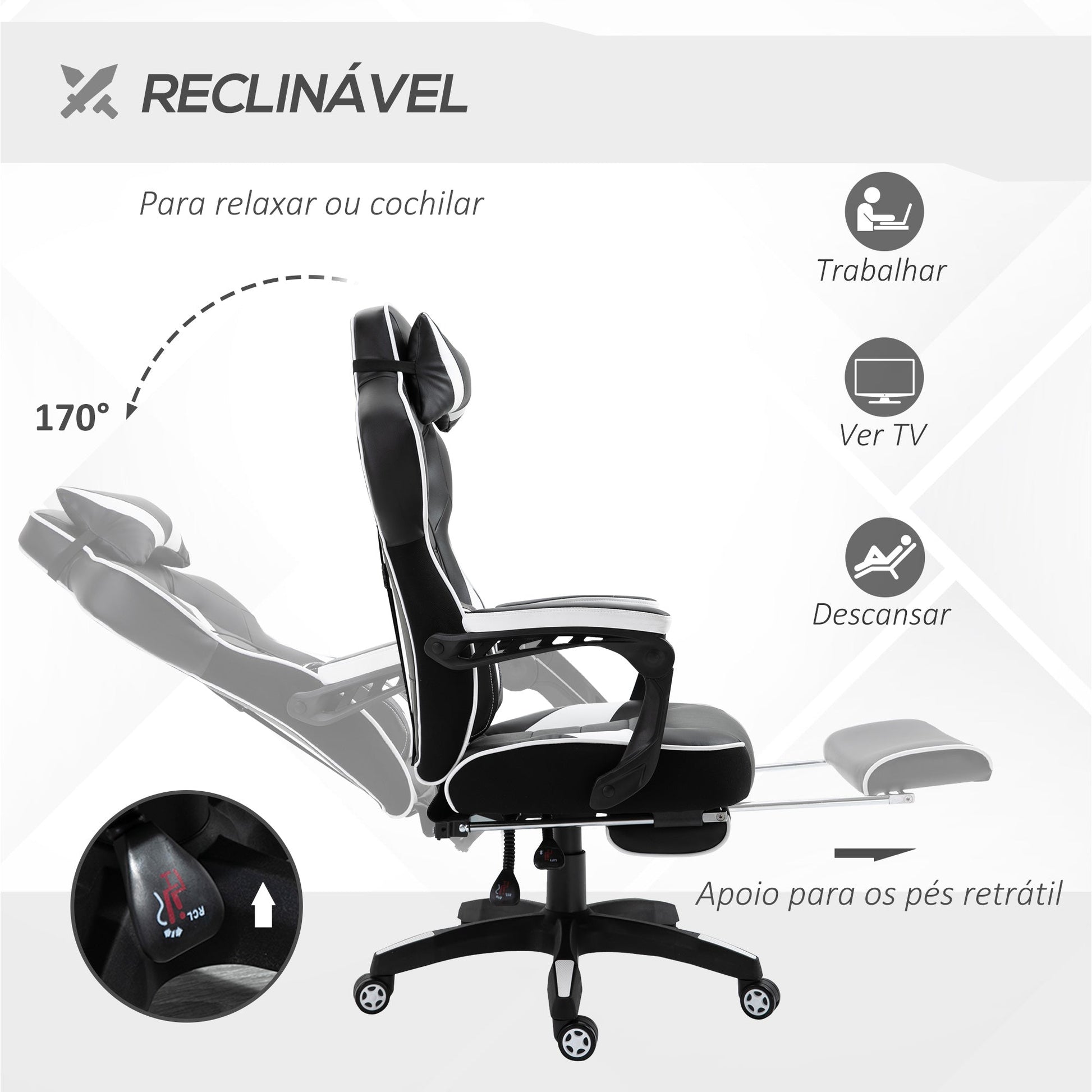 Cadeira de escritorio gaming ergonômica Altura ajustável Reclinável Encosto com apoio para pés Encosto de cabeça Almofada lombar Rodas 65x70x118,5-126,5 cm Branco e Preto