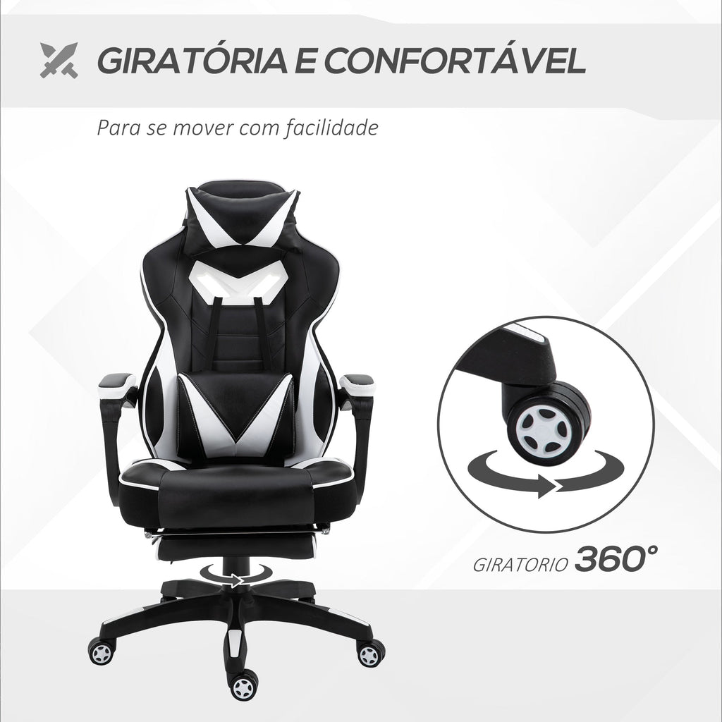 Cadeira de escritorio gaming ergonômica Altura ajustável Reclinável Encosto com apoio para pés Encosto de cabeça Almofada lombar Rodas 65x70x118,5-126,5 cm Branco e Preto