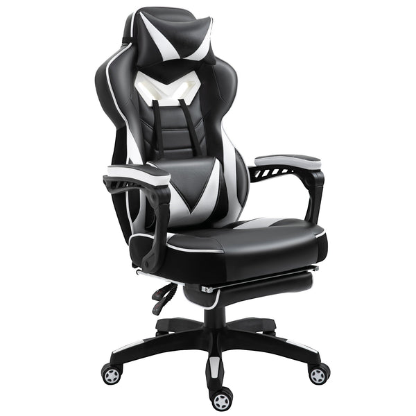 Cadeira de escritorio gaming ergonômica Altura ajustável Reclinável Encosto com apoio para pés Encosto de cabeça Almofada lombar Rodas 65x70x118,5-126,5 cm Branco e Preto