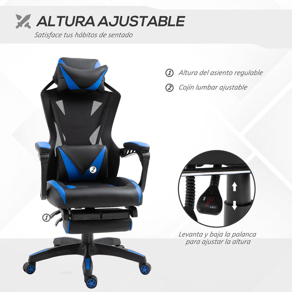 Cadeira Gaming Ergonómica Cadeira Gaming para Escritório com Altura Ajustável Encosto Regulável Almofada Lombar Apoio para os Pés Retráteis 65x70x117-125cm Azul