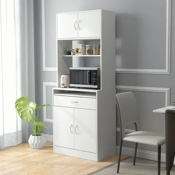 Armário de Cozinha Móvel Auxiliar de Cozinha com 4 Portas Bandeja Amovível Prateleira Ajustável Gaveta e Bancada para Micro-Ondas 70x40x180 cm Branco