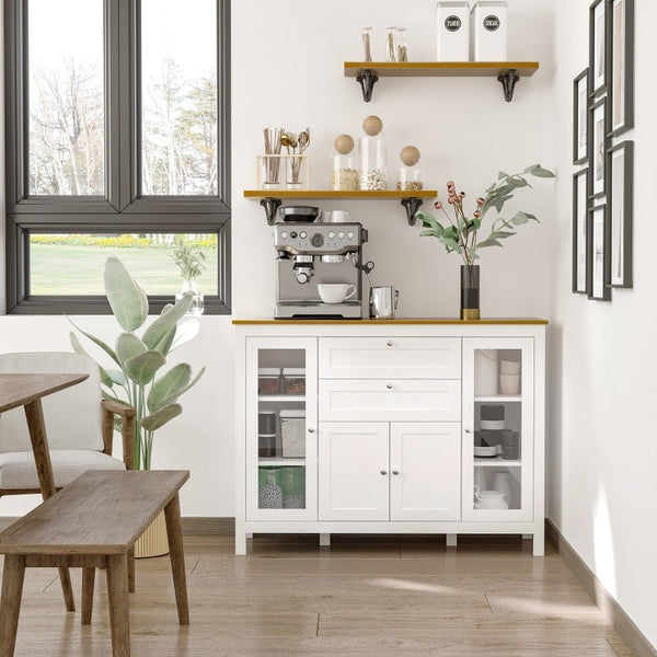 Aparador de Cozinha com Armário 2 Gavetas 2 Portas de Vidro e Prateleiras Ajustáveis Móvel Auxiliar de Armazenamento para Sala de Jantar Sala de Estar 120x40x90cm Branco