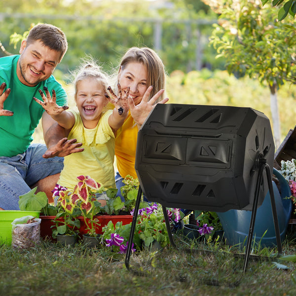 Compostor Giratório com Capacidade 160L de Dupla Câmera e Ventilação Estrutura de Aço para Resíduos Orgânicos de Jardim 71x64x92cm Preto