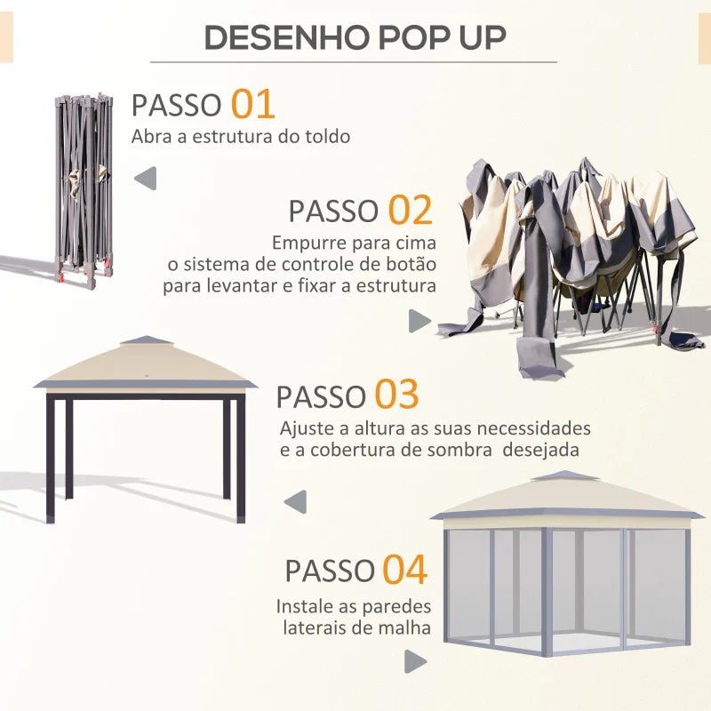 Pérgola Dobrável Exterior 3,3x3,3 m com Altura Ajustável Pérgola de Jardim com Teto Duplo 4 Mosquiteiras Removíveis e Bolsa de Transporte para Acampamento Festas Bege