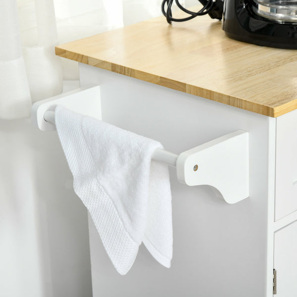 Carrinho de Cozinha com Rodas Carrinho de Cozinha Multiuso com 2 Gavetas 3 Portas Prateleiras Ajustáveis e Barra para Sala de Jantar 121x46x91cm Branco e Madeira