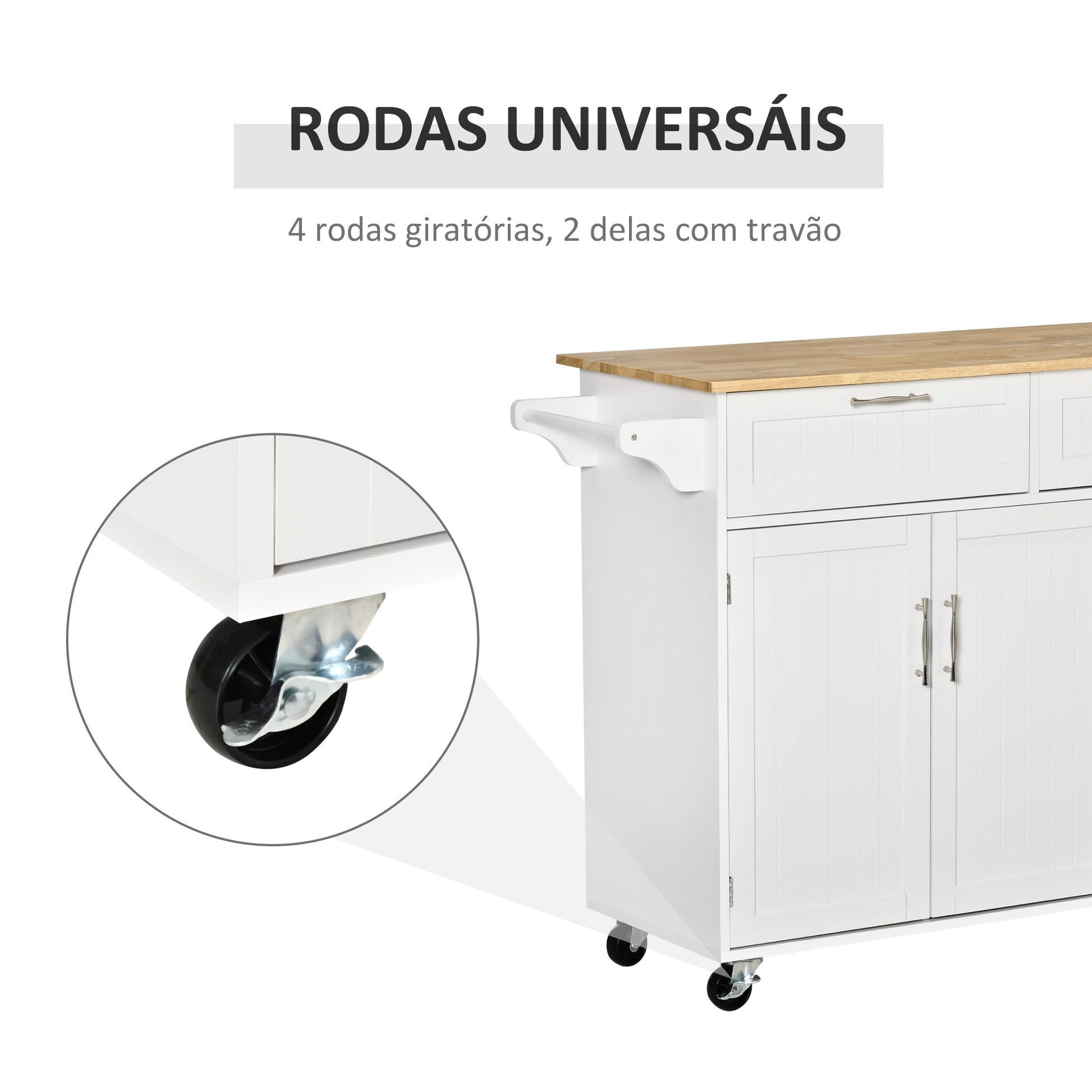 Carrinho de Cozinha com Rodas Carrinho de Cozinha Multiuso com 2 Gavetas 3 Portas Prateleiras Ajustáveis e Barra para Sala de Jantar 121x46x91cm Branco e Madeira