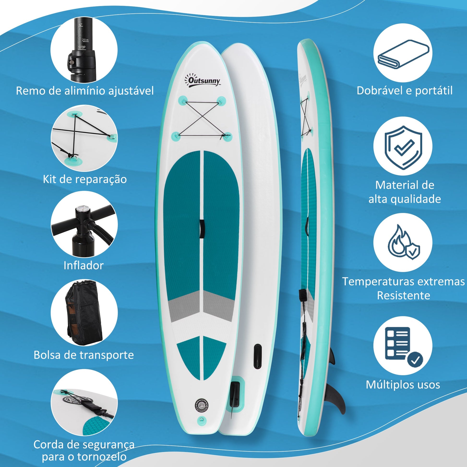 Prancha de Paddle Surf Inflável 320x76x15cm Dobrável com Remo de Alumínio Ajustável Desmontável Bolsa de Transporte e Acessórios Branco e Turquesa