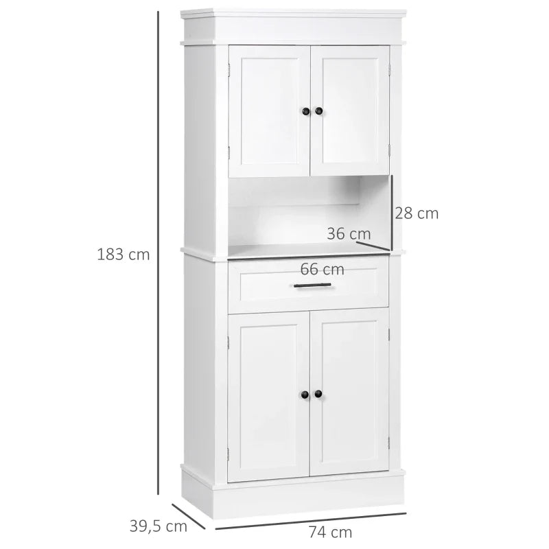 Armário de Cozinha Móvel Auxiliar de Cozinha com 4 Portas 1 Gaveta e Prateleira Aberta para Sala de Estar Sala de Jantar 74x39,5x183cm Branco