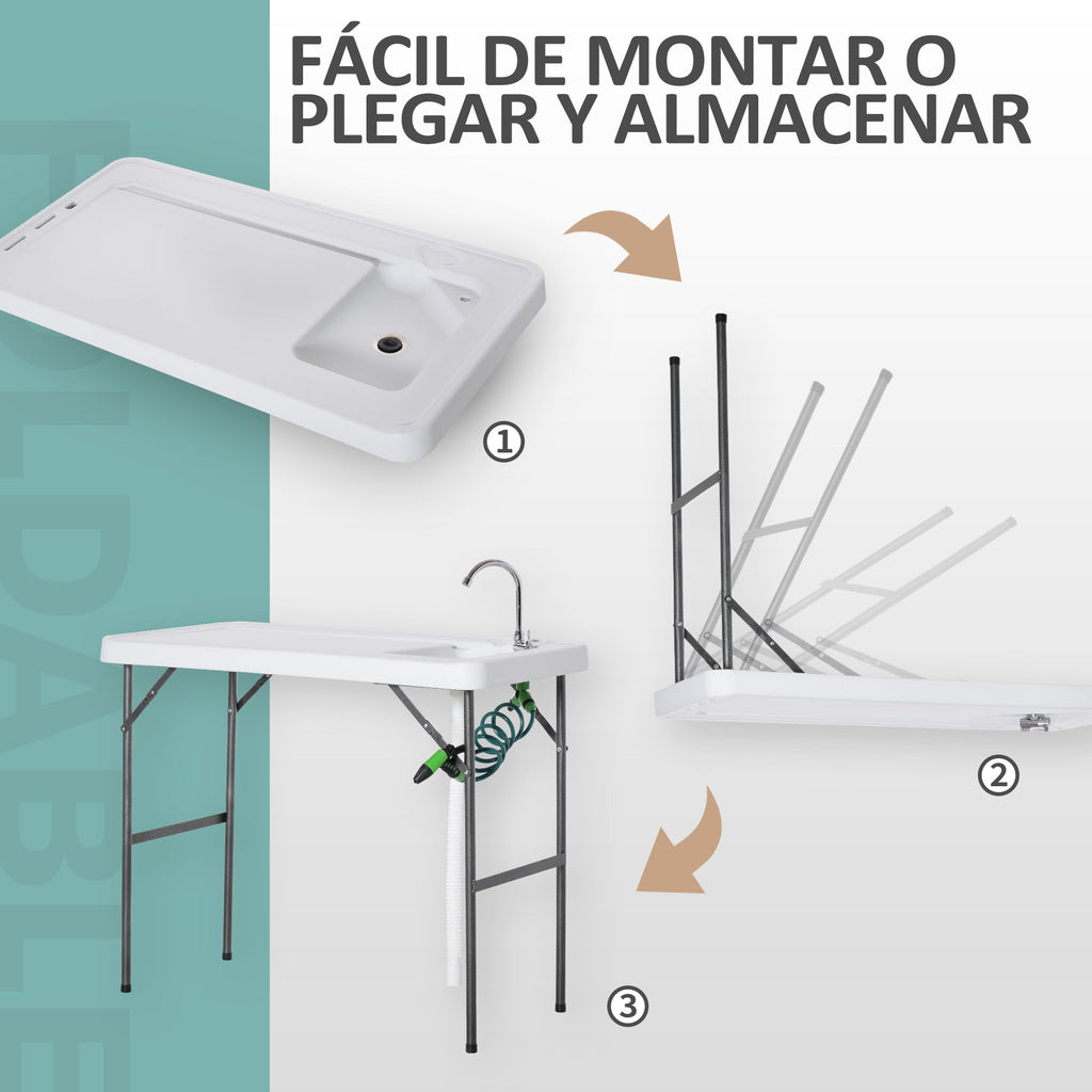 Mesa de piquenique dobrável com torneira de pia e pistola de irrigação extensível 114,5x59x94,5 cm Branco
