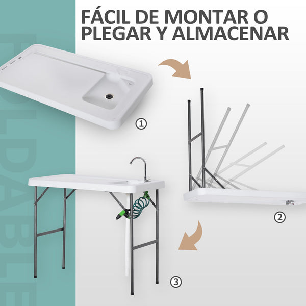 Mesa de piquenique dobrável com torneira de pia e pistola de irrigação extensível 114,5x59x94,5 cm Branco