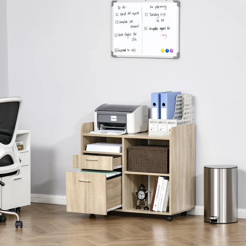Armário para Impressora Armário Multifuncional de Escritório com 3 Compartimentos 2 Gavetas para Arquivos Prateleira Ajustável 2 Rodas com Freios 80x40x72cm Carvalho