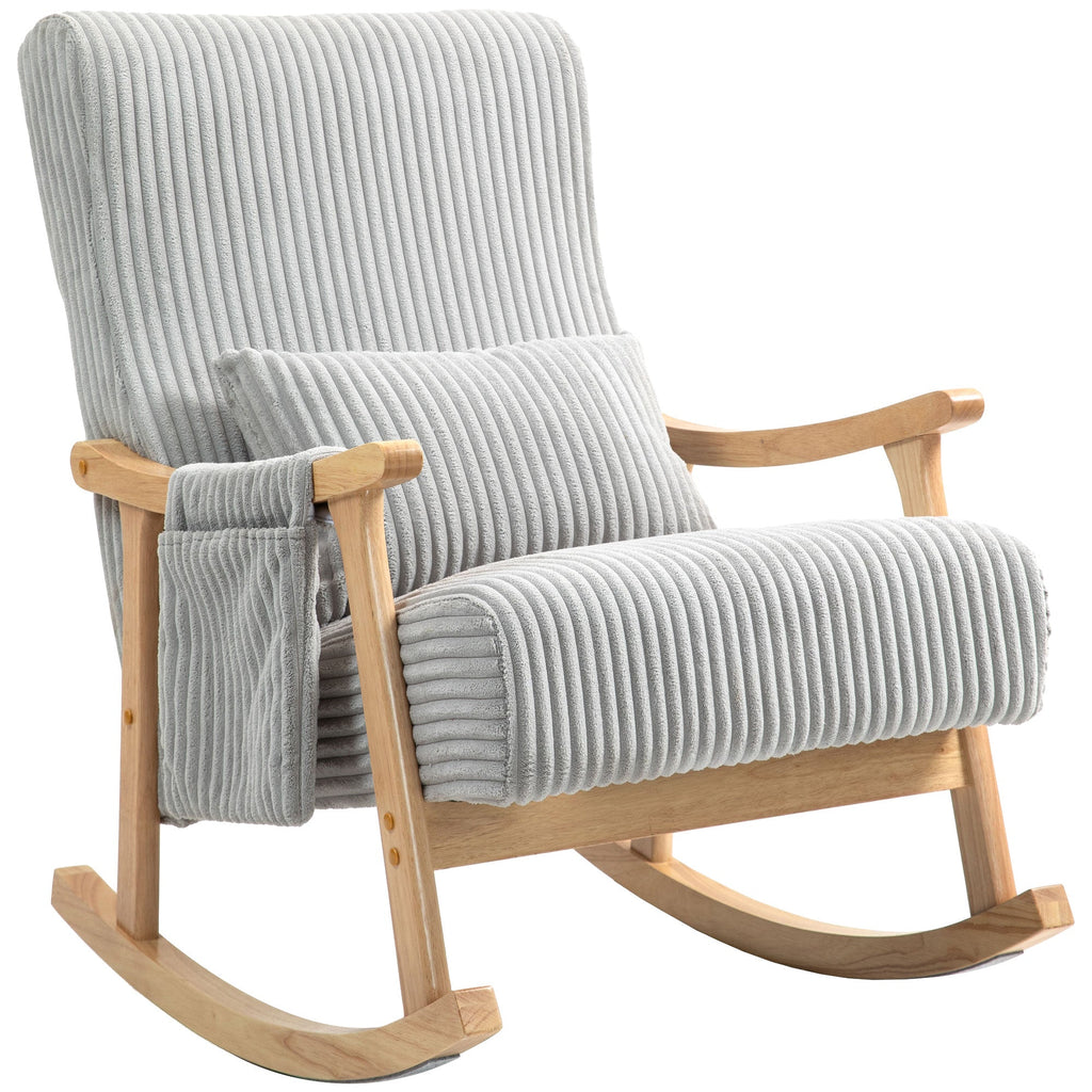 Poltrona Baloiço Moderna em Veludo Cotelê com Pés e Apoio para os Braços com Madeira de Faia Almofada Lombar e Bolso Poltrona de Amamentação Carga 120 kg para Dormitório Sala de Estar 65x90x98 cm Cinza