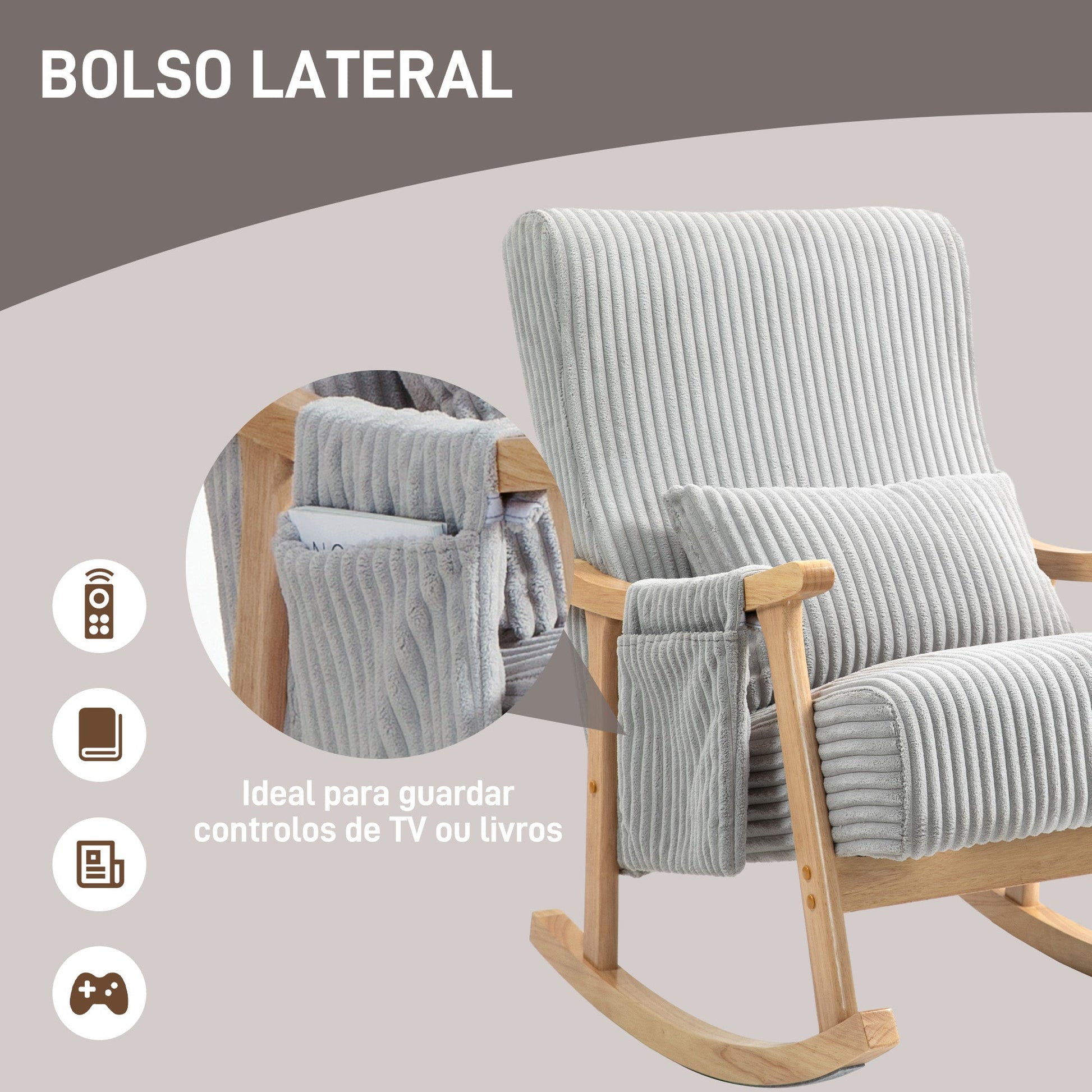 Poltrona Baloiço Moderna em Veludo Cotelê com Pés e Apoio para os Braços com Madeira de Faia Almofada Lombar e Bolso Poltrona de Amamentação Carga 120 kg para Dormitório Sala de Estar 65x90x98 cm Cinza