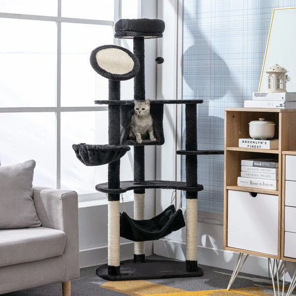 PawHut Árvore Arranhador para Gatos Grande Altura 153cm Torre de Escalada para Gatos com Caverna Redes Plataformas Postes Arranhadores de Sisal e Bola Suspensa Cinza Escuro