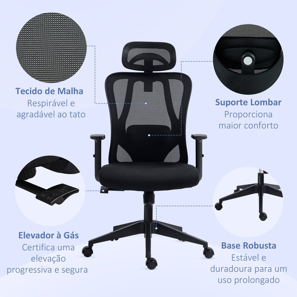 Vinsetto Cadeira de Escritório com Apoio para os Braços 2D Cadeira de Escritório com Altura Ajustável Apoio para a Cabeça Suporte Lombar Alto 67x64x117 - 127cm Preto - A minha loja