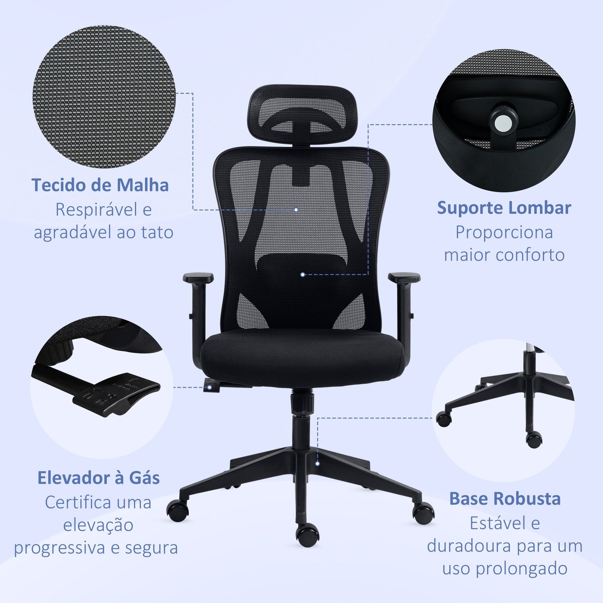Vinsetto Cadeira de Escritório com Apoio para os Braços 2D Cadeira de Escritório com Altura Ajustável Apoio para a Cabeça Suporte Lombar Alto 67x64x117 - 127cm Preto - A minha loja