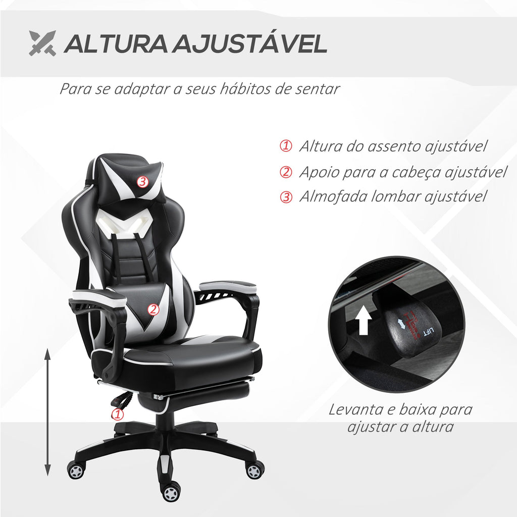 Vinsetto Cadeira de escritorio gaming ergonômica Altura ajustável Reclinável Encosto com apoio para pés Encosto de cabeça Almofada lombar Rodas 65x70x118,5 - 126,5 cm Branco e Preto - A minha loja