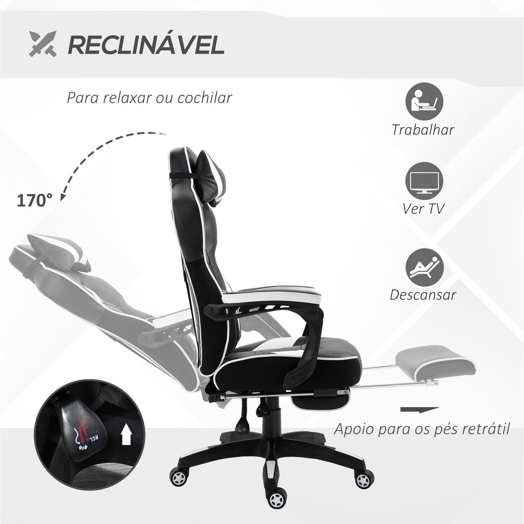 Vinsetto Cadeira de escritorio gaming ergonômica Altura ajustável Reclinável Encosto com apoio para pés Encosto de cabeça Almofada lombar Rodas 65x70x118,5 - 126,5 cm Branco e Preto - A minha loja