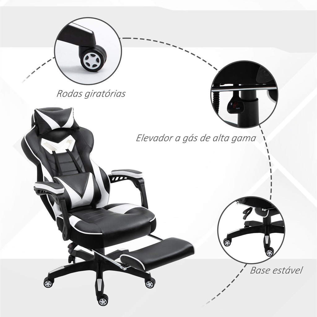 Vinsetto Cadeira de escritorio gaming ergonômica Altura ajustável Reclinável Encosto com apoio para pés Encosto de cabeça Almofada lombar Rodas 65x70x118,5 - 126,5 cm Branco e Preto - A minha loja