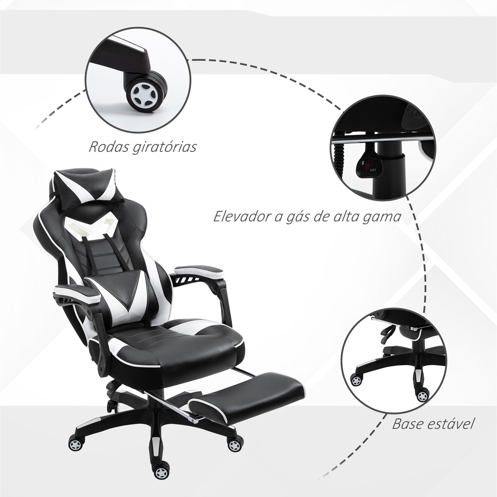 Vinsetto Cadeira de escritorio gaming ergonômica Altura ajustável Reclinável Encosto com apoio para pés Encosto de cabeça Almofada lombar Rodas 65x70x118,5 - 126,5 cm Branco e Preto - A minha loja