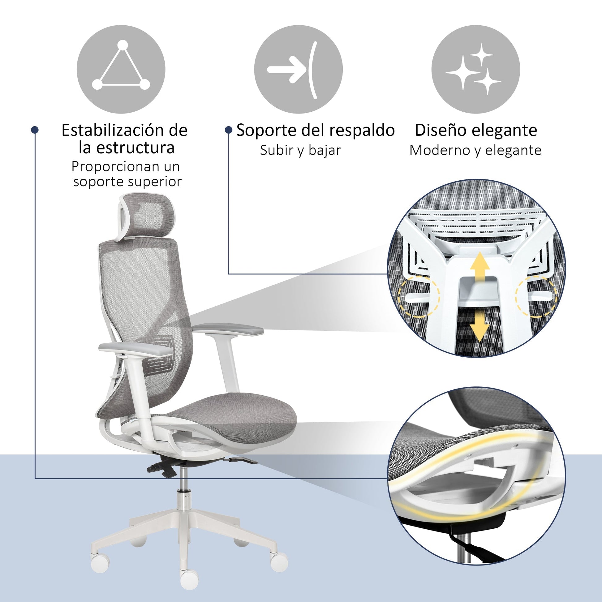 Vinsetto Cadeira de Escritório Giratória Cadeira de Escritório com Altura Ajustável Apoio para os Braços Apoio para a Cabeça e Suporte Lombar Reguláveis Encosto Alto 67x65x120 - 128cm Cinza - A minha loja