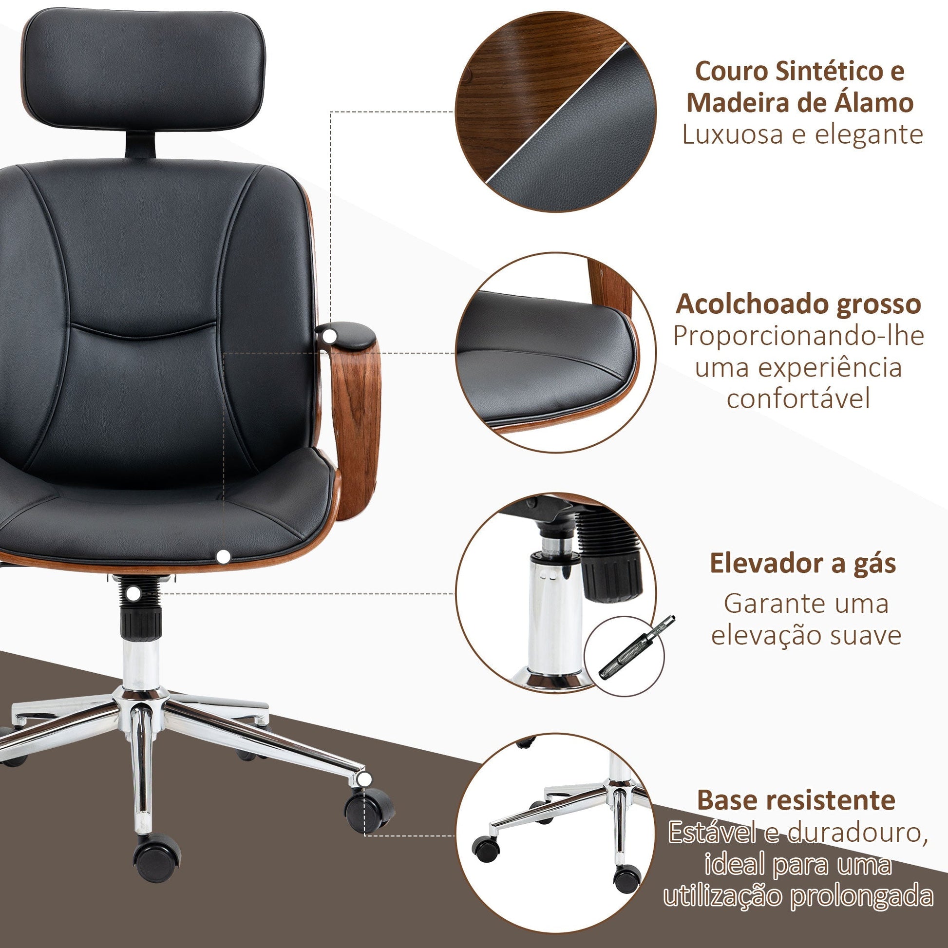 Vinsetto Cadeira de Escritório Operativa de Couro PU com Apoio para a Cabeça Amovível Altura Ajustável 63x62x110 - 120cm Preto e Madeira - A minha loja