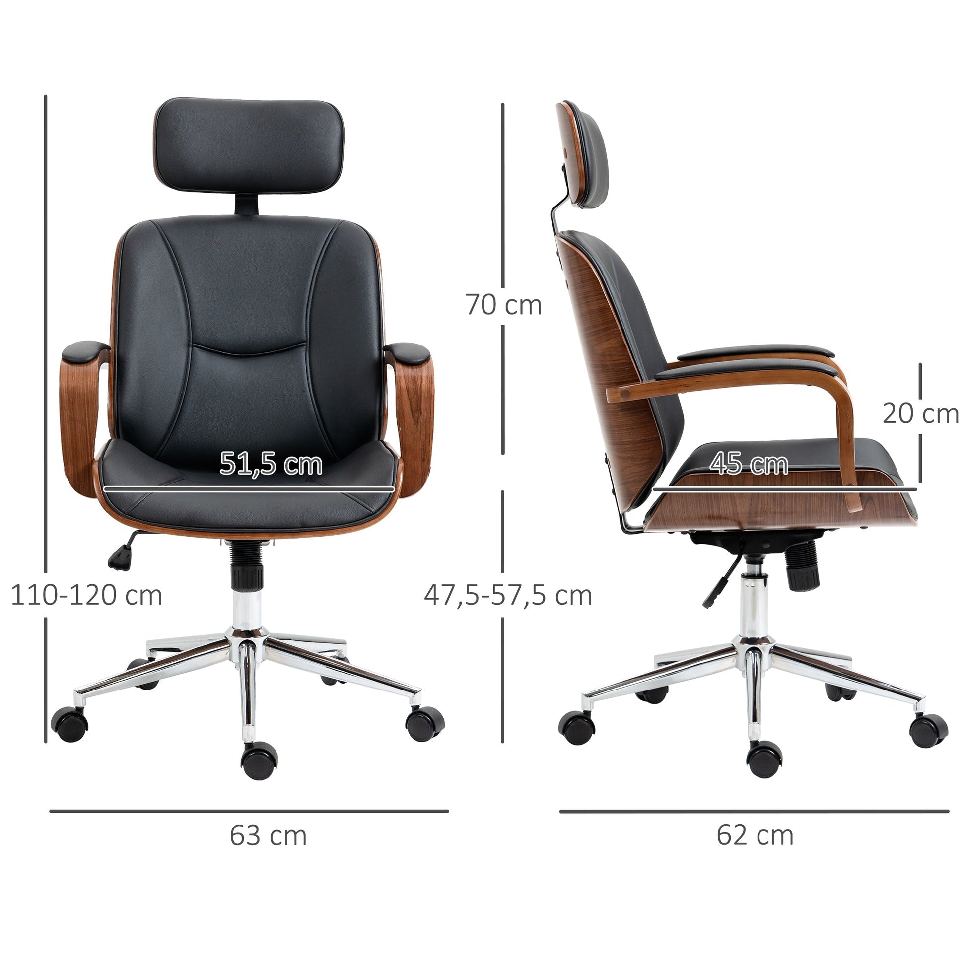 Vinsetto Cadeira de Escritório Operativa de Couro PU com Apoio para a Cabeça Amovível Altura Ajustável 63x62x110 - 120cm Preto e Madeira - A minha loja