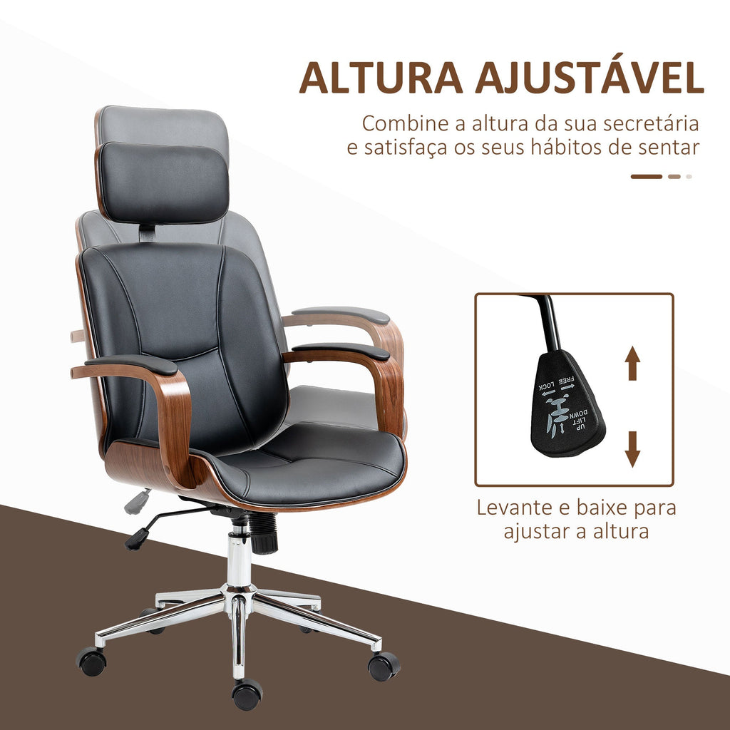 Vinsetto Cadeira de Escritório Operativa de Couro PU com Apoio para a Cabeça Amovível Altura Ajustável 63x62x110 - 120cm Preto e Madeira - A minha loja