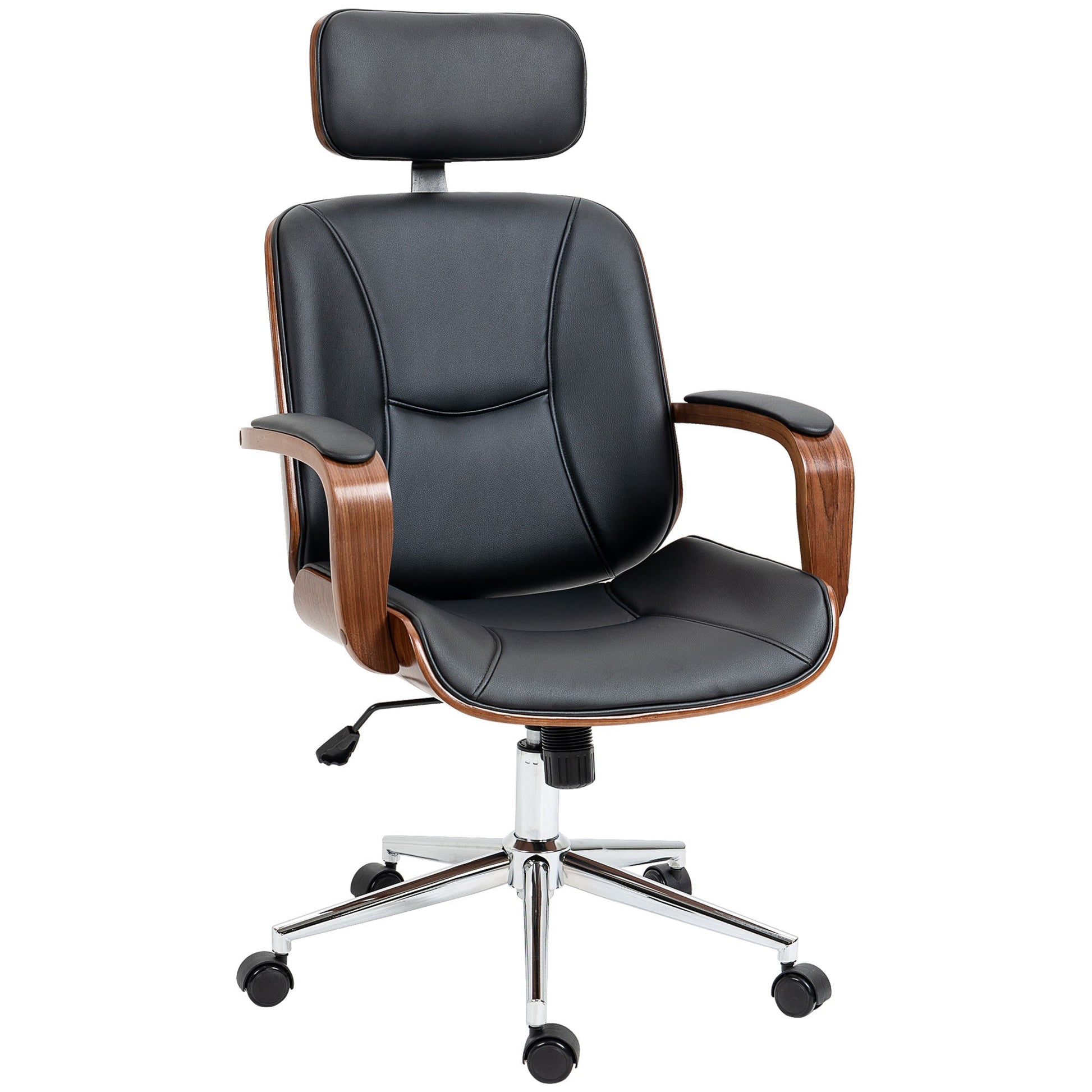 Vinsetto Cadeira de Escritório Operativa de Couro PU com Apoio para a Cabeça Amovível Altura Ajustável 63x62x110 - 120cm Preto e Madeira - A minha loja