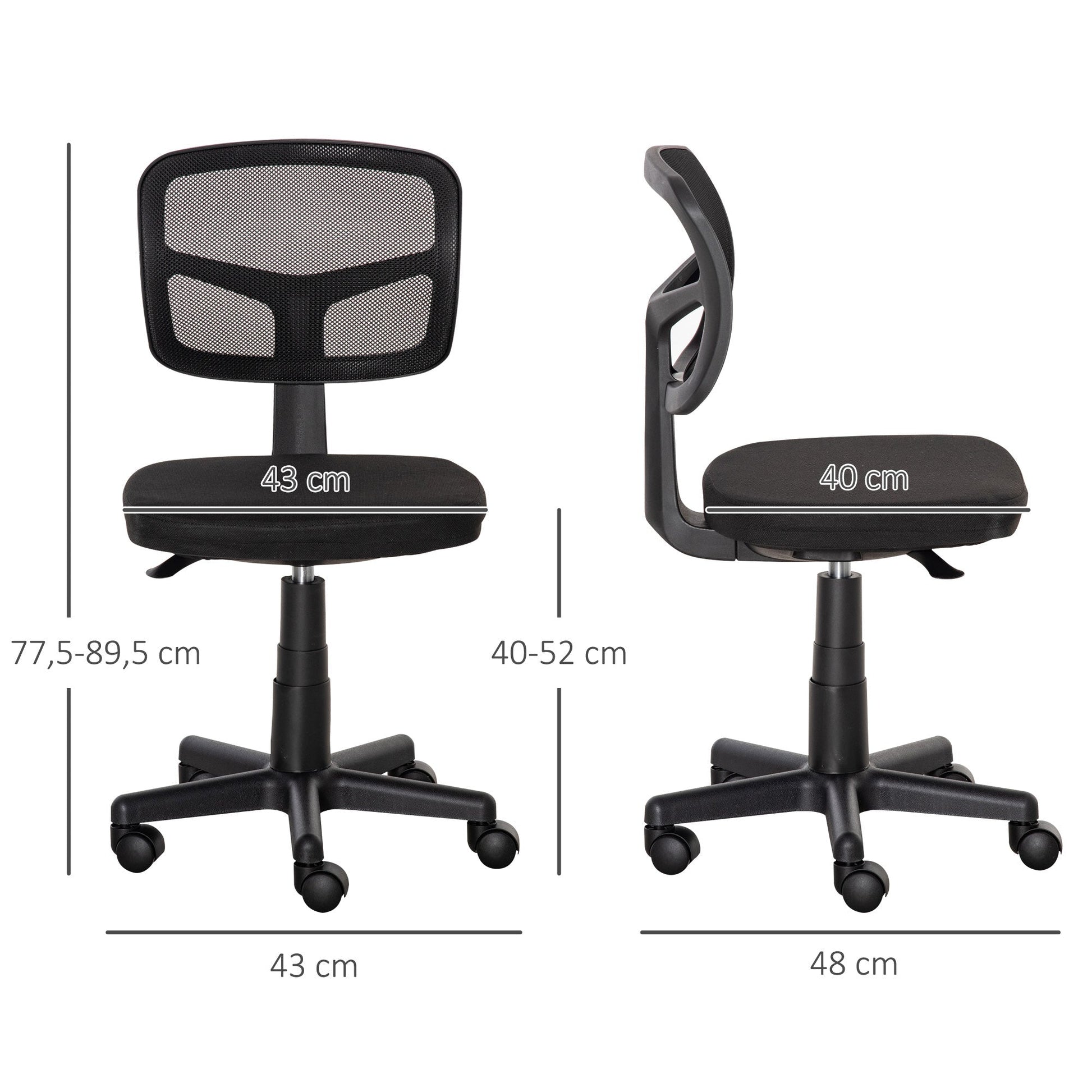 Vinsetto Cadeira de Escritório Operativa de Malha Cadeira de Escritório Giratória 360° com Altura Ajustável Suporte Lombar Respirável e Rodas 43x48x77,5 - 89,5cm Preto - A minha loja